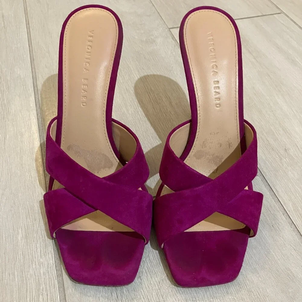 Veronica Beard Alsea Raspberry Pink Suede Mule Heels Square Toe Sandals Sz 8.5